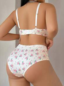 2pcs Set Bra dan Celana Dalam Berkawat dengan Renda Kontras dan Motif Bunga Kecil Ukuran Plus, Pakaian Dalam, Mengangkat Payudara - Kuning - View 2