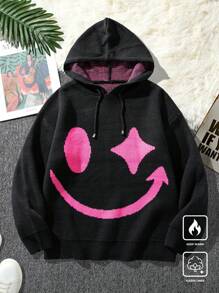 Claim Dot Men's Casual  Print Drawstring Hooded Loose Knit Sweater, Autumn & Winter - Black - View 1