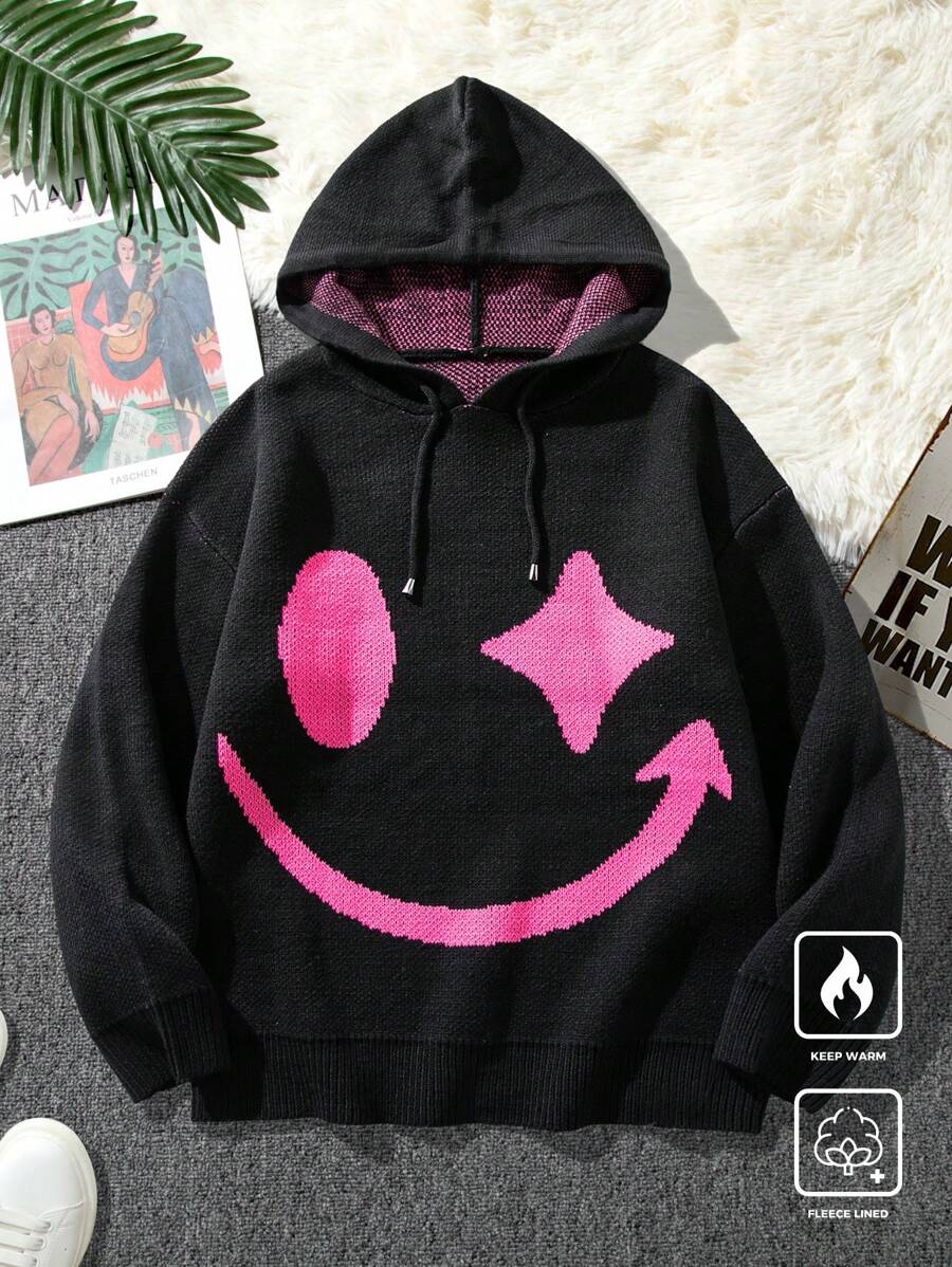 Claim Dot Men's Casual  Print Drawstring Hooded Loose Knit Sweater, Autumn & Winter - Black - View 1