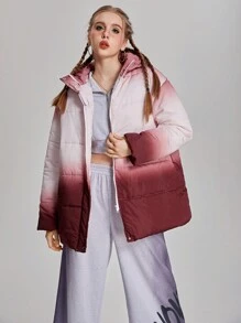 SHEIN 青少年女孩中性款大廓型漸層抽繩連帽長版加厚保暖冬外套 - 紅色 - 查看 8