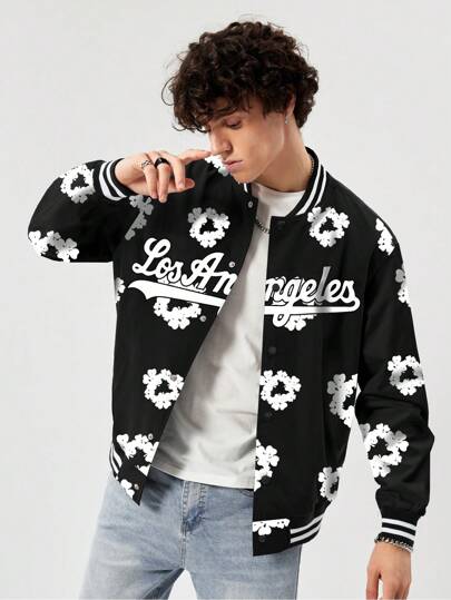 Street Life Blouson de baseball à imprimé floral et lettres décontracté pour hommes, printemps/automne