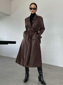 DAZY Women's Solid Color Lapel Neck Long Sleeve Long Elegant Trench Coat