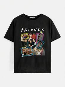 FRIENDS X SHEIN Plus Size Casual Figurine And Letter Print Short Sleeve T-Shirt, Summer,Graphic Tee