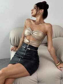 SHEIN Privé Parte superior ajustada sexy recubierta con abertura calada y cruzada sin tirantes para mujer
