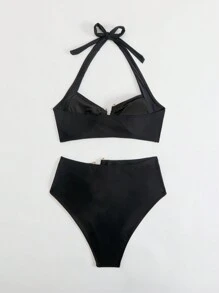 Swim SXY 2 bộ bikini hở lưng màu trơn gợi cảm trang trí kim loại cho nữ và quần bikini cạp cao mùa hè - màu đen - Xem 6