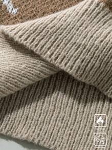 Claim Dot Men's Casual Dropped Shoulder Dinosaur Pattern Sweater, Fall/Winter, Dinosaur Sweater, Men Graphic Sweater, Men Pullover Sweater, Fleece Sweater, Men Knit Sweater - Khaki - View 5