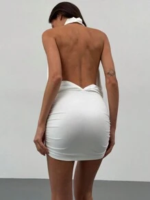 Aloruh Đầm ôm body cổ cao cổ chữ V sâu hở lưng màu trắng tối giản cho nữ - trắng - Xem 2