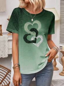 SHEIN LUNE Camiseta casual de cuello redondo de manga corta con estampado de corazón para mujer, verano