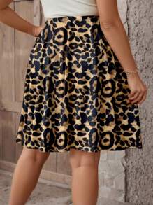 SHEIN LUNE Plus Size Leopard Print Pocket Pleated Skirt, Casual Holiday - Multicolor - View 2