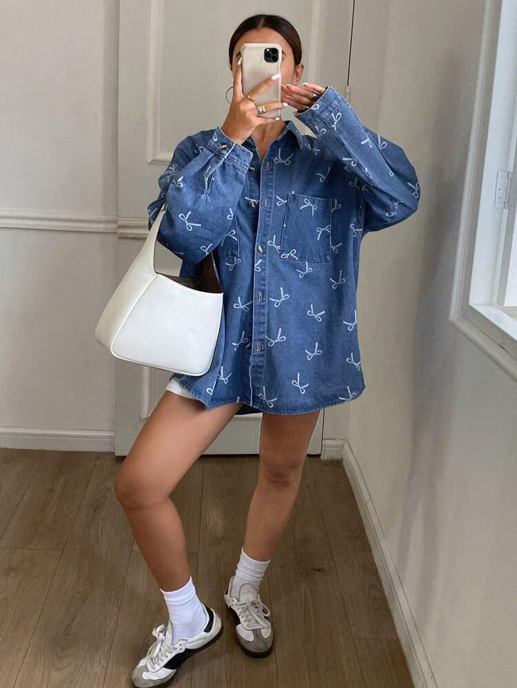 Women's Denim Jacket With Bow Print And Pockets, Long Sleeve,Back To School Clothes