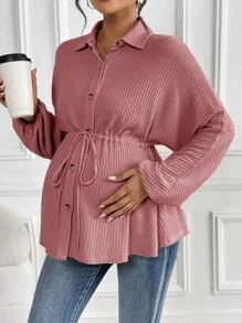 SHEIN 纯色孕妇长袖衬衫，前系带和纽扣设计，休闲日常穿着 - 珊瑚粉 - 查看 4