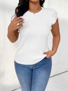 SHEIN LUNE Plus Size Summer Casual Solid Color Short Sleeve Knitted Top - White - View 4