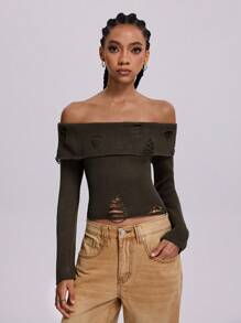 SHEIN EZwear Women's Fall/Winter Y2K Western Flannelette Cut Out Off Shoulder Sweater,Music Festival - Army Green - View 4