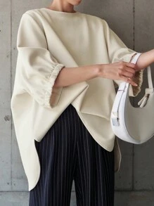 FRIFUL Women Casual Loose Solid Color T-Shirt, Autumn,Ruffle - Beige - View 7