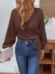 Chiquease 女士镂空扭纹前灯笼袖宽松开衫 - 咖啡棕 - 查看 6