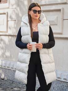 RueChic Plus Zip Up Hooded Puffer Vest Coat - Beige - View 5