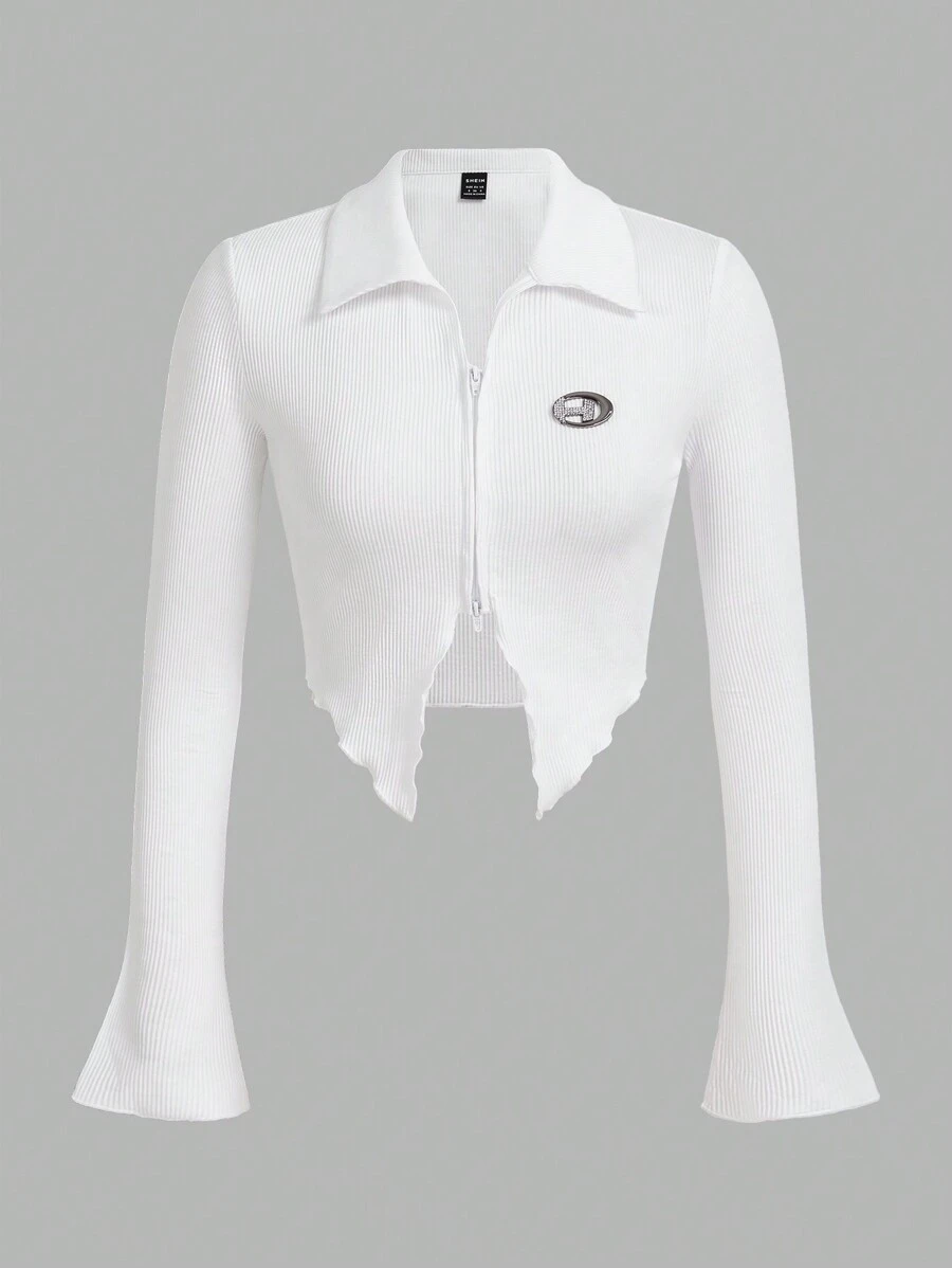 SHEIN ICON 女式金属字母装饰长袖开衩休闲 T 恤，春秋季 - 白色 - 查看 1