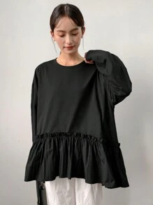 FRIFUL 女士纯色圆领落肩荷叶边宽松 T 恤，春秋季，返校服长袖女上衣，秋季女装 - 黑色 - 查看 5