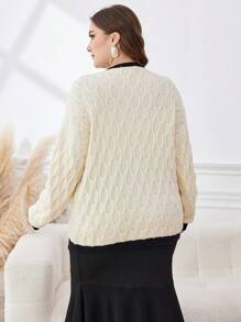 Mulvari Plus Size Casual Colorblock Fringe Trim Open Knit Cardigan, Autumn Winter Fall Cloth For Women - Black and White - View 2