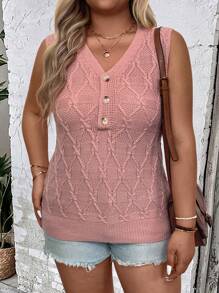 大码纯色 V 领前扣无袖针织背心 - 粉色 - 查看 5
