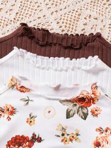 SHEIN Leap Crew Áo thun cổ đứng dệt kim họa tiết hoa/màu trơn cho bé gái, mặc vào dịp Giáng sinh, thích hợp mặc thường ngày & mặc thường ngày & mặc đi học vào mùa thu đông - Nhiều màu - Xem 4