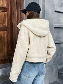 GENKIRA Áo khoác lông trùm đầu đơn giản dài tay cỡ lớn thu đông cho nữ - Màu be - Xem 8