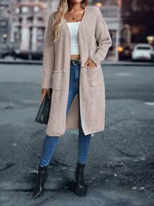 SHEIN LUNE Women's Solid Color Minimalist Long Cardigan Cozy Sweater - Apricot - View 4