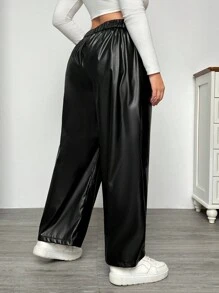 SHEIN EZwear Pantalones rectos sueltos de unicolor informal de talla grande, otoño - Negro - Ver 2