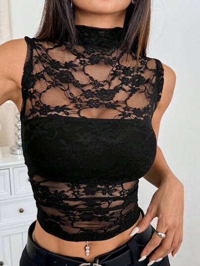 SHEIN EZwear Black Lace Tank Top For Women, Fitted Summer Design