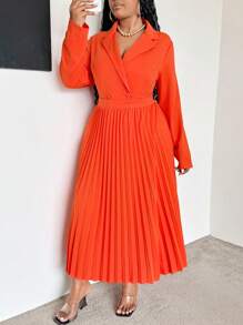 Maweii Plus Size Women's Solid Color Notched Collar Long Sleeve Blazer Jacket And Pleated Mini Skirt Elegant Suit - Orange - View 5