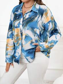 SHEIN Clasi 大码女式大理石印花长袖休闲办公室衬衫，春/秋 - 藍色 - 查看 4