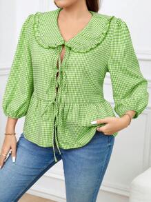 SHEIN Essnce Bluzka damska w kratkę gingham w dużych rozmiarach, z bufiastymi rękawami i kokardą z przodu