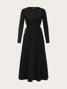 Modelyn Vestito a maglia con laccio laterale di colore unito casual per l autunno/inverno - nero - Visualizzare 3