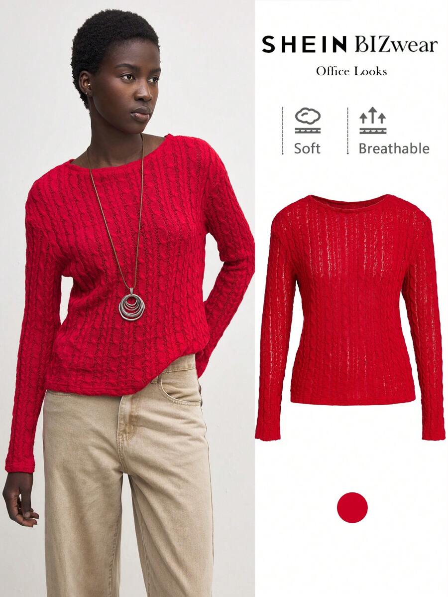 BizChic Suéteres de otoño para mujer, camiseta con flor retorcida roja, ropa elegante de oficina - Rojo - Ver 1