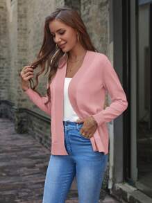 SHEIN LUNE Áo khoác cardigan dài tay màu trơn cho nữ, trang phục thường ngày, áo dài tay - Hồng - Xem 3