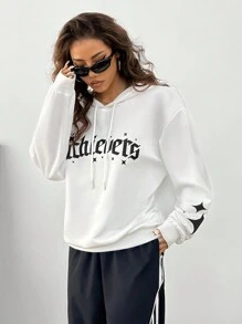 SHEIN EZwear 女士休闲字母印花抽绳连帽运动衫，春秋季 - 白色 - 查看 4