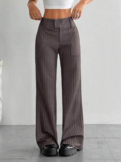 Flirla Women's Casual Low-Waisted Striped Straight Pants