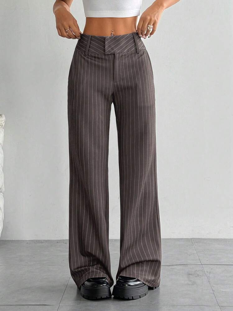 Flirla 女士休闲低腰条纹直筒裤 - 巧克力棕 - 查看 1