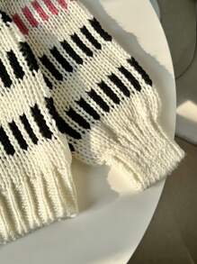 SHEIN Unity Damen lässiger, oversized Farbblock gestreifter Strickpullover, Herbst Winter, Strick Pullover Herbst - Weiss - Übersicht 4