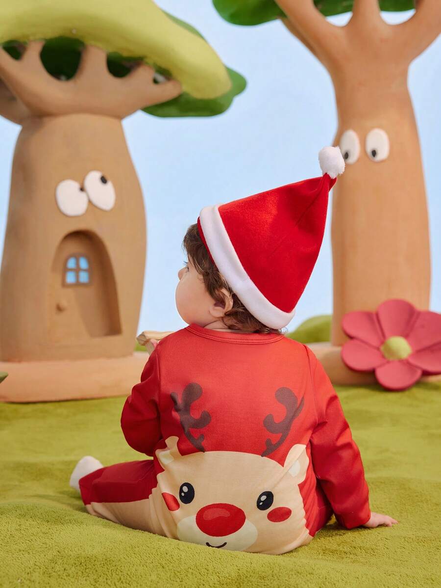 SHEIN 2 pièces/set Combinaison de Noël unisexe pour bébé avec motif mignon de renne et bonnet de Père Noël, tissu doux et douillet pour les fêtes et l'hiver - Rouge - Voir 1