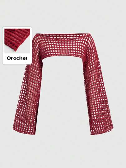 Grunge Punk Pull Ajouré Court À Épaules Dénudées Pour Femme, Pull En Faux Crochet, Haut