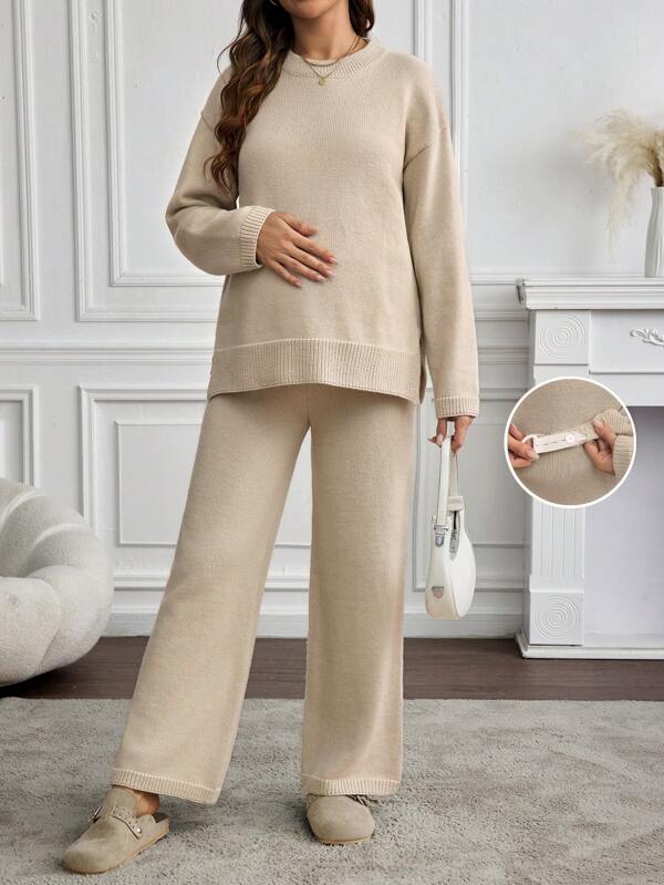 SHEIN Solid Color Basic Sporty Casual Maternity Sweater Set, For Winter