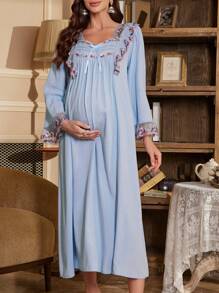 Camisón de maternidad oversize con volantes de contraste, plisado acordeón y decoración de lazo, para vacaciones