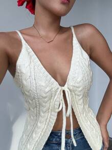 Chiquease Women's V-Neck Front Tie Camisole Knit Top, Spring Summer - Beige - View 5