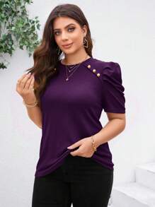 SHEIN Clasi Áo thun cổ tròn tay bồng ngắn đính nút kim loại cỡ lớn cho nữ, mùa hè - Màu tím - Xem 4