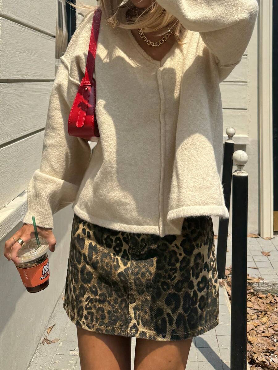 Chiquease Fashionable V-Neck Slouchy Soft Cozy Casual Sweater For Women, Knit Pullover Fall Winter - Apricot - View 1