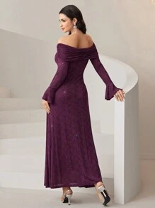 Modelyn Women's Solid Color Off Shoulder Ruffle Elegant Long Sleeve Dress Long Evening Dresses