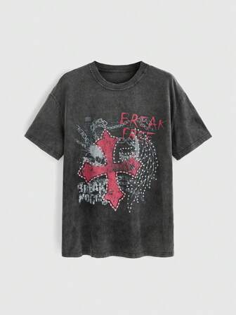 Grunge Punk Maglietta casual da donna a girocollo con maniche corte, decorata con strass a forma di lettera e croce
