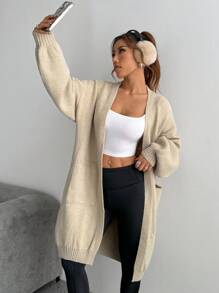 Flirla Cárdigan casual suelto de manga larga con hombros caídos y bolsillos de unicolor para mujer, otoño e invierno