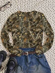 Attitoon 女士休闲简约全印花树枝图案圆领修身短款 T 恤，适合秋冬季 - 白色 - 查看 2